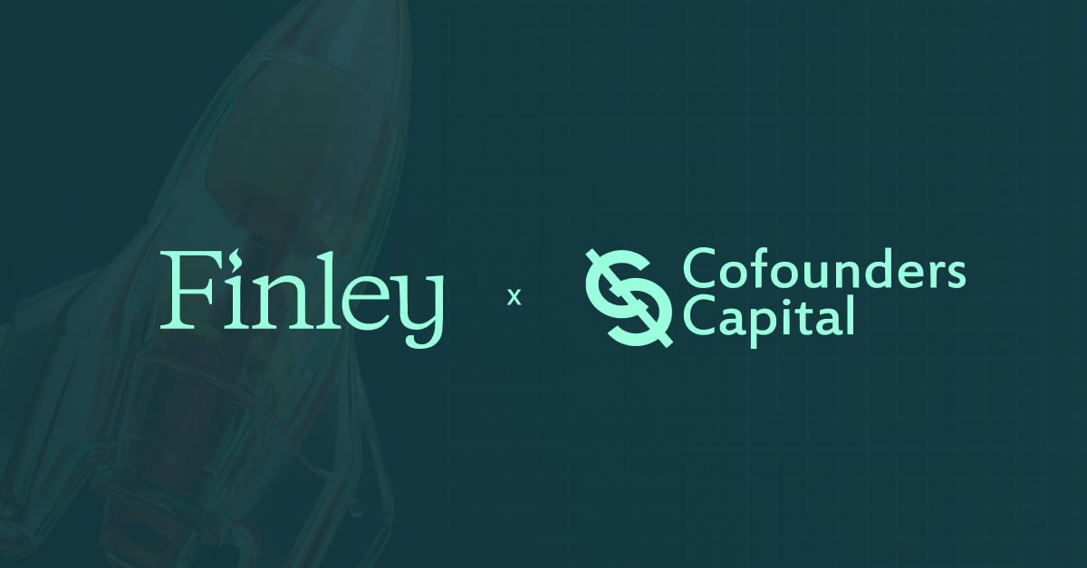 Finley and Cofounders Capital, side by side, over a rocket rising through dark teal